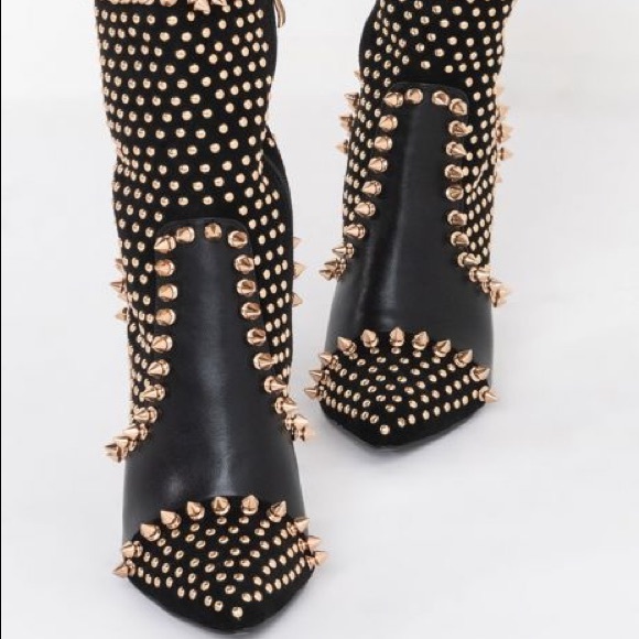 Azalea Wang Black Vegan Leather Embellished Spike Pointed Slouchy Ankle Booties - Picture 5 of 7